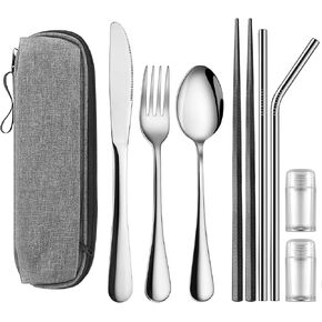 Travel Utensils Set with Splash-poof Bag, Portable Cutlery for Work, Reusable Camping Silverware Utensil, 18/0 Stainless Steel Flatware for Adult Lunch Picnic Hiking EDC Gadgets Lunch Box