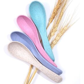 Wheat Straw Travel Spoon Set - 4 Spoons Camping Utensils - Portable Silverware for Lunch Box - Eco Friendly - Reusable Utensils