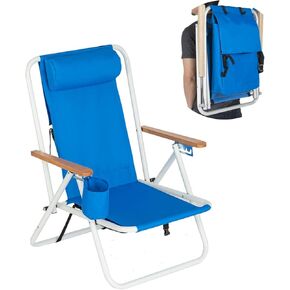 Outvita Folding Beach Chair Adjustable Headrest w/4 Flexible Tilt Angle, Cup Holder Portable High Strength Cleanable Fabric, for Sand Camping Lawn Concert Travel Festival