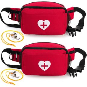 Okllen 2 Pack Red Lifeguard Fanny Pack with Whistle Lanyard - Baywatch Style, Lifeguard Hip Pack with Adjustable Strap Clip, Cross Logo + Zipper Pouch, First Aid Fanny Pack Emergency Equipment