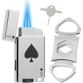 Lighter and Cutter Set, Adjustable Double Jet Flame Butane Torch Lighter with Protect Cover, Refillable Windproof Gas Lighter with Keyhole, Mens Gifts. Black(Sold without Gas)