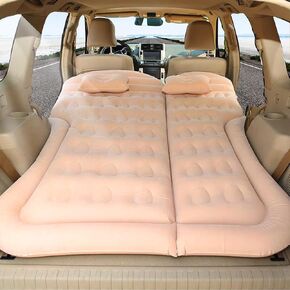 Car Air Mattress Inflatable Thickened Flocking Travel Camping Bed with Air Pump 2 Pillows Upgraded Honeycomb Structure Mobile Cushion Portable Sleeping Bed for SUV Trunk Rear Seat Beige