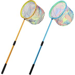 Kids Fishing Net, 2 Pack Extendable Beach Nets with Aluminum Pole Handle, Telescopic Butterfly Net for Kids, Fish Net Crab Net Fishing Gear for Boy Girl Children