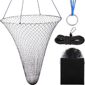 Dovesun Pier Fishing Net for Bridge Drop Net for Pier Fishing Nylon Pier Net Portable Fishing Net Foldable Landing Net Kit with Poly Rope Carabiners Stainless Steel Ring Soft Steel Hoop 23" 31"