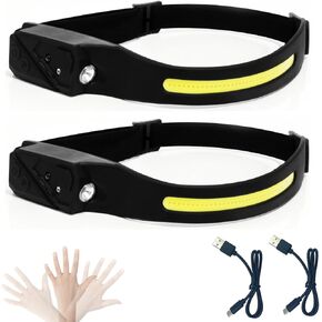 2PCS Rechargeable Headlamp, 230° Wide Beam Head Lights for Hiking Running Repairing Fishing Cycling, 5 Light Modes Spotlight, Waterproof Light Weight Head Lamp with Motion Sensor