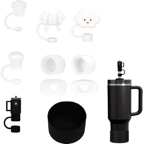Stanley Cup Accessories Set, Including 6 Pcs Silicone Spill Proof Stopper, 2Pcs Silicone Straw Covers for 10 mm Straws, 1 Pcs Silicone Boot for Stanley Cup Stanley 30oz & 40oz Tumbler (BLACK)