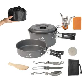 Camping Cookware Mess Kit, 12 pcs Backpacking Cooking Set, Lightweight Camping Pots and Stove Set for 1-2 person, Outdoor Cooking Gear Ideal for Camping, Hiking, Backpacking and Picnic