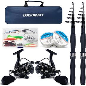 Fishing Rod Reel Combos, 2PCS 2.1m/6.89ft Collapsible Fishing Rods + 2PCS Spinning Reels + Fishing Lines Fishing Lures Carrier Bag, Telescopic Fishing Pole Set Sea Saltwater Freshwater Kit