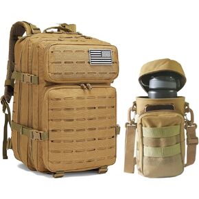 Military Tactical Backpack for Men 47L Large Capacity Assault Pack 3 Days molle Hook & Loop Panels Backpack With Tactical Water Bottle Bag