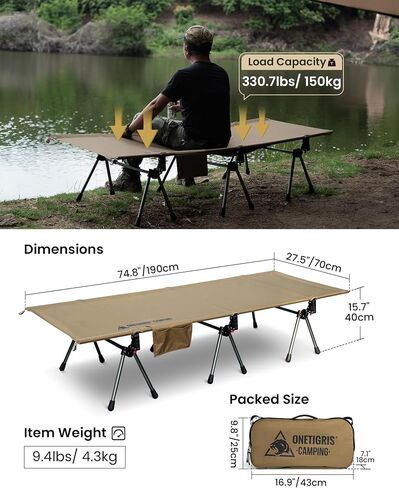 OneTigris SUPRANUBIS Camping Cot, Height Adjustable with Cot Leg Extenders, Strong Support 330lbs, Lightweight Comfortable Folding Bed for Camping, Hiking, Travel, Truck, Beach, Office Nap in Saudi Arabia