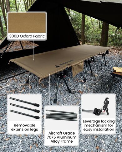 OneTigris SUPRANUBIS Camping Cot, Height Adjustable with Cot Leg Extenders, Strong Support 330lbs, Lightweight Comfortable Folding Bed for Camping, Hiking, Travel, Truck, Beach, Office Nap in Saudi Arabia