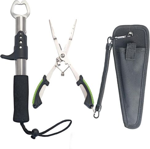 Fishing Gear Set - Long Nose Stainless Steel Fishing Pliers 8.5", Fish Lip Gripper, Telescopic Lanyard & Sheaths - Multi-Function Saltwater Resistant Fishing Tools in Saudi Arabia