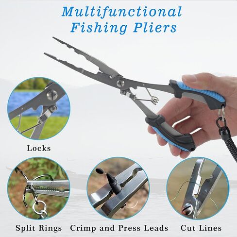 Fishing Gear Set - Long Nose Stainless Steel Fishing Pliers 8.5", Fish Lip Gripper, Telescopic Lanyard & Sheaths - Multi-Function Saltwater Resistant Fishing Tools in Saudi Arabia