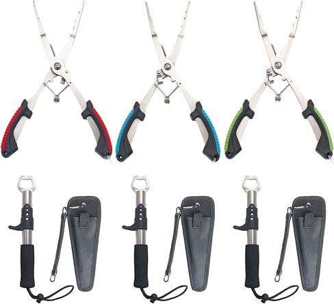 Fishing Gear Set - Long Nose Stainless Steel Fishing Pliers 8.5", Fish Lip Gripper, Telescopic Lanyard & Sheaths - Multi-Function Saltwater Resistant Fishing Tools in Saudi Arabia