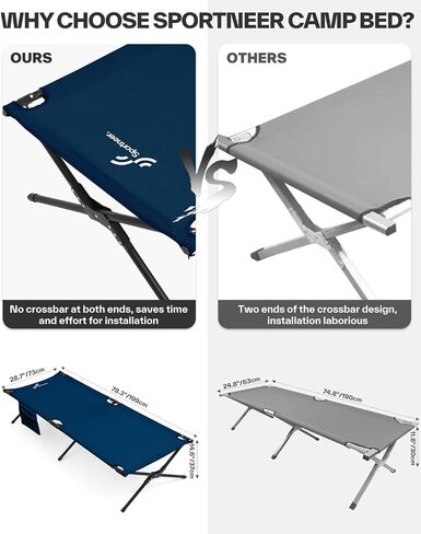 Sportneer Camping Cot, Military Cot Portable Camping Cots for Sleeping 78.3"x28.7"x14.6" Heavy Duty Folding Bed for Adults Teen Outdoor Travel Camping Tent Lounge Office Support 330 Lbs in Saudi Arabia