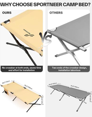 Sportneer Camping Cot, Military Cot Portable Camping Cots for Sleeping 78.3"x28.7"x14.6" Heavy Duty Folding Bed for Adults Teen Outdoor Travel Camping Tent Lounge Office Support 330 Lbs in Saudi Arabia