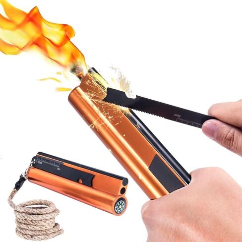 Flint and Steel Fire Starter Kit 7-in-1 XXL XL Ferro Rod Fire Steel Bushcraft Equipment, Portable Survival Magnesium Kit with 36" Waterproof Wick Rope,Multi Tool Scraper, Compass for Camping Hiking in Saudi Arabia