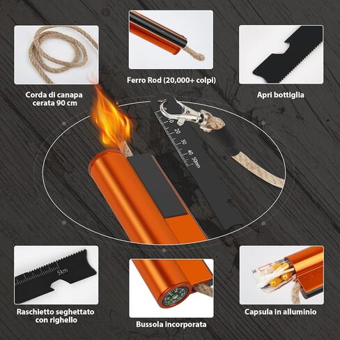 Flint and Steel Fire Starter Kit 7-in-1 XXL XL Ferro Rod Fire Steel Bushcraft Equipment, Portable Survival Magnesium Kit with 36" Waterproof Wick Rope,Multi Tool Scraper, Compass for Camping Hiking in Saudi Arabia