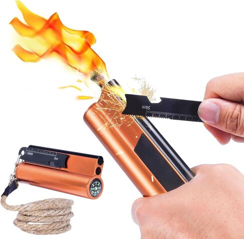 Flint and Steel Fire Starter Kit 7-in-1 XXL XL Ferro Rod Fire Steel Bushcraft Equipment, Portable Survival Magnesium Kit with 36" Waterproof Wick Rope,Multi Tool Scraper, Compass for Camping Hiking in Saudi Arabia
