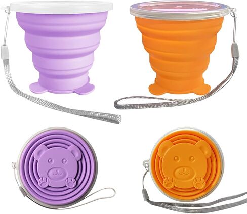 2 pcs 180ML Silicone Small Foldable Cup-Expandable Folding Drinking Cup -Reusable Portable Mugs Cup with Lids For Travel, Camping, Hiking, Survival, Holiday, Outdoor Sports Purple+Orange in Saudi Arabia