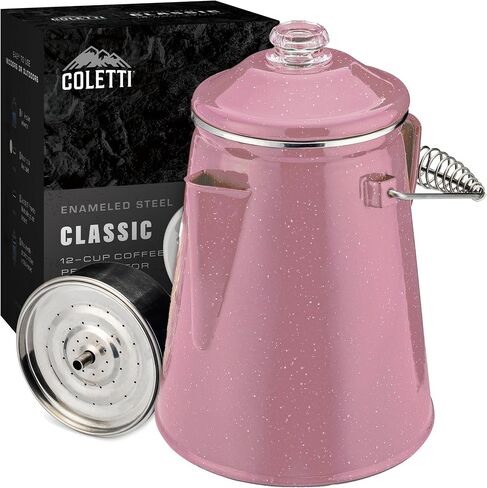 وعاء قهوة COLETTI Classic Percolator - آلات صنع القهوة للتخييم، دورق القهوة - وعاء قهوة التخييم الأصلي، تم تحديثه الآن - لمحترفي التخييم في كل مكان [مينا وردي، 12 كوب] in Kuwait
