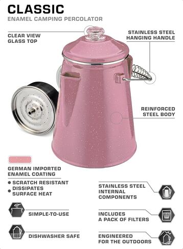 وعاء قهوة COLETTI Classic Percolator - آلات صنع القهوة للتخييم، دورق القهوة - وعاء قهوة التخييم الأصلي، تم تحديثه الآن - لمحترفي التخييم في كل مكان [مينا وردي، 12 كوب] in Kuwait