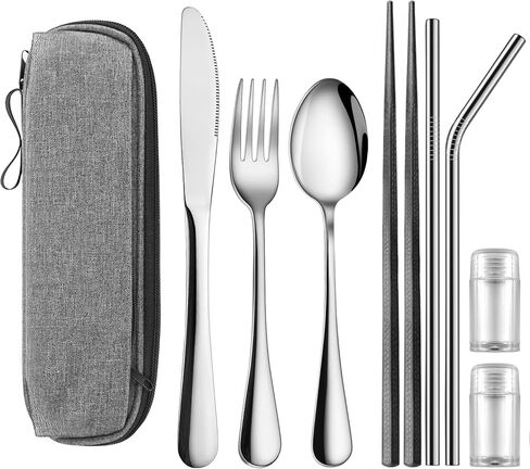 Travel Utensils Set with Splash-poof Bag, Portable Cutlery for Work, Reusable Camping Silverware Utensil, 18/0 Stainless Steel Flatware for Adult Lunch Picnic Hiking EDC Gadgets Lunch Box in Saudi Arabia