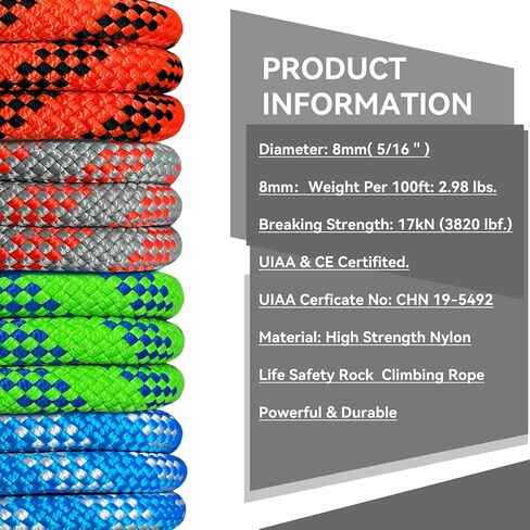 SEAMUS 8mm (5/16in) Prusik Accessory Cord 15M (50ft) UIAA Rock Climbing Rope 14Kn High Tensile Strength Rock Climbing Accessories Cord Double Braid Nylon Cord for Mountain Tree Climbing,Fire Rescue in Saudi Arabia
