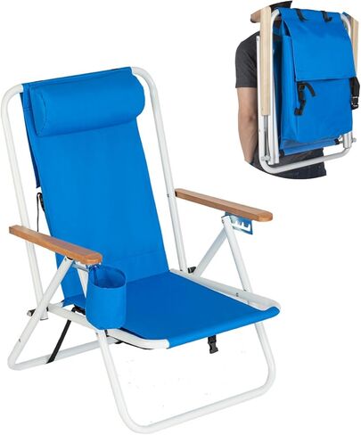 Outvita Folding Beach Chair Adjustable Headrest w/4 Flexible Tilt Angle, Cup Holder Portable High Strength Cleanable Fabric, for Sand Camping Lawn Concert Travel Festival in Saudi Arabia