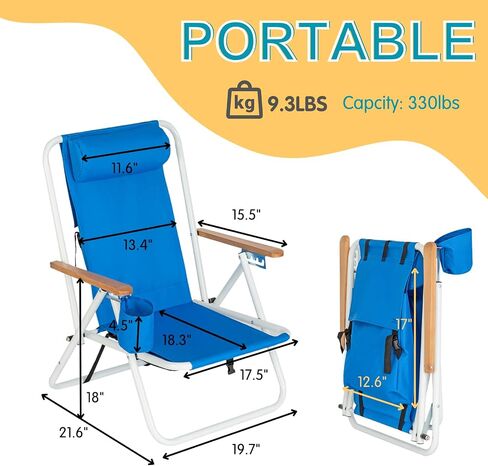 Outvita Folding Beach Chair Adjustable Headrest w/4 Flexible Tilt Angle, Cup Holder Portable High Strength Cleanable Fabric, for Sand Camping Lawn Concert Travel Festival in Saudi Arabia