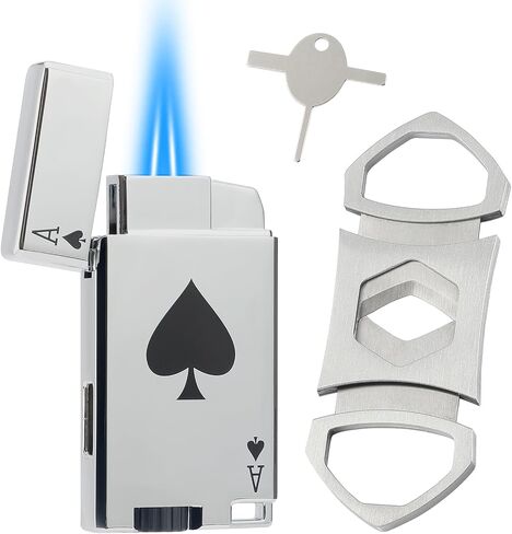 Lighter and Cutter Set, Adjustable Double Jet Flame Butane Torch Lighter with Protect Cover, Refillable Windproof Lighter with Keyhole, Gifts for Men. Black(Sold Without Gas) in Saudi Arabia
