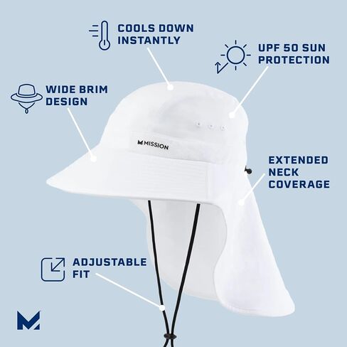 قبعة MISSION Cooling Sun Defender باللون الأبيض - قبعة واسعة الحواف للجنسين مع مؤخرة للرجال والنساء - خفيفة الوزن ومتينة - تبرد حتى ساعتين - حماية من أشعة الشمس بعامل حماية من أشعة الشمس 50 - يمكن غسلها في الغسالة in Saudi Arabia