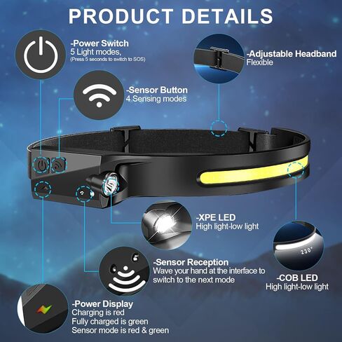 Headlamp Rechargeable 4Pack, 6 Mode Headlamps for Adults 1200Lumens LED Headlamp with Motion Sensor,230°COB Wide Beam Headlight Bright Headlamp Flashlight for Camping Accessories Gear, Hiking, Running in Saudi Arabia