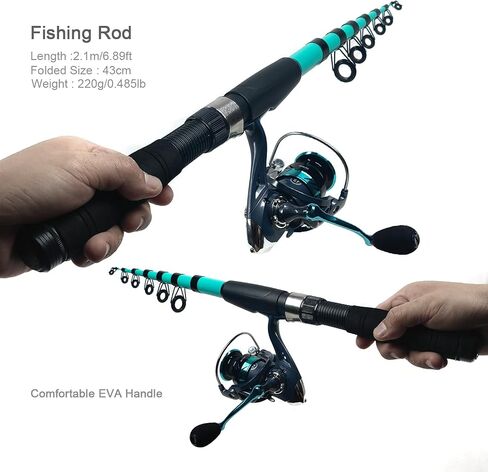 Fishing Rod Reel Combos, 2PCS 2.1m/6.89ft Collapsible Fishing Rods + 2PCS Spinning Reels + Fishing Lines Fishing Lures Carrier Bag, Telescopic Fishing Pole Set Sea Saltwater Freshwater Kit in Saudi Arabia