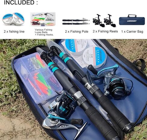 Fishing Rod Reel Combos, 2PCS 2.1m/6.89ft Collapsible Fishing Rods + 2PCS Spinning Reels + Fishing Lines Fishing Lures Carrier Bag, Telescopic Fishing Pole Set Sea Saltwater Freshwater Kit in Saudi Arabia