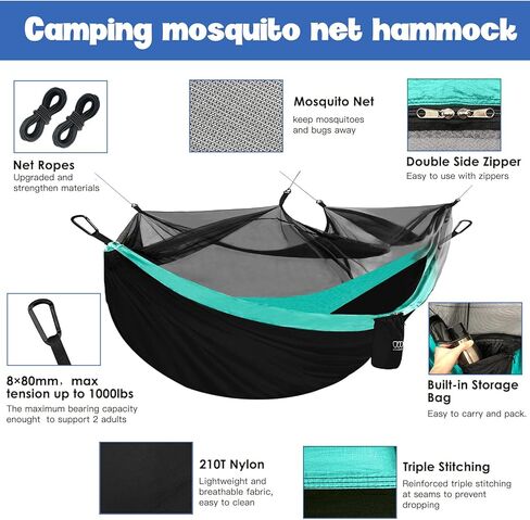 Gold Armour Camping Hammock - Camping Essentials, Double Hammock with Bug Net, Camping Gear Hammock for Outside, Hiking, and Travel (Black) in Saudi Arabia