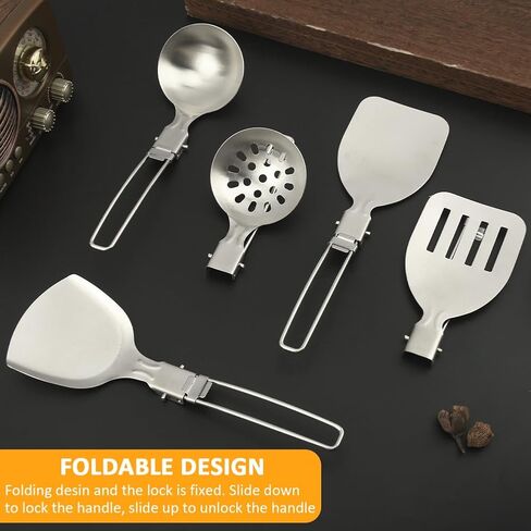 Kakalote Camping Kitchen Utensil Set,5Pcs Stainless Steel Portable Folding Outdoor Cooking Utensil,Camping Utensils Set,Camping Cooking Utensils,for RV Car,Tent Campers,Outdoor Picnics BBQ in Saudi Arabia