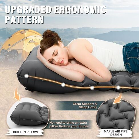 Sleeping Pad, 50D Ultralight Camping Mat with Pillow Built-in Foot Pump Sleeping Mat Waterproof Portable and Compact Camping Mattress for Backpacking Hiking Traveling Tent Air Mattress (Grey) in Saudi Arabia