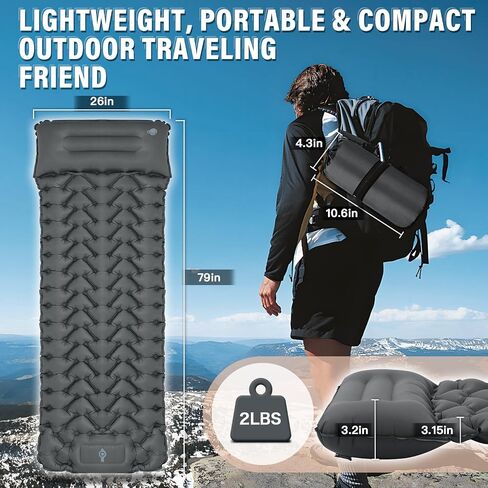 Sleeping Pad, 50D Ultralight Camping Mat with Pillow Built-in Foot Pump Sleeping Mat Waterproof Portable and Compact Camping Mattress for Backpacking Hiking Traveling Tent Air Mattress (Grey) in Saudi Arabia