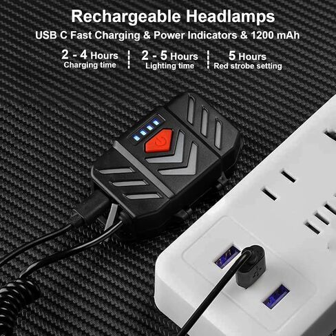 Rechargeable Headlamp with Red Light, 270° Wide Beam Head Lamp, Led Headlamps for Adults, Head Light Flashlight with Usb C, Waterproof, Tail Light, 5 Modes for Running, Camping, Repairing, Fishing in Saudi Arabia