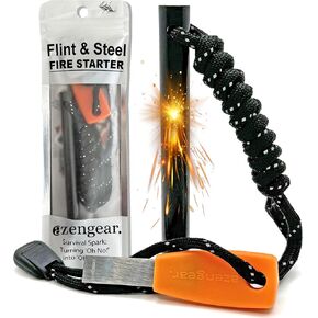 Camping Flint and Steel Fire Starter, 0.4x4in (10x100mm) Ferro Rod, HSS Striker, Paracord, Waterproof Outdoor Survival Kit aZengear