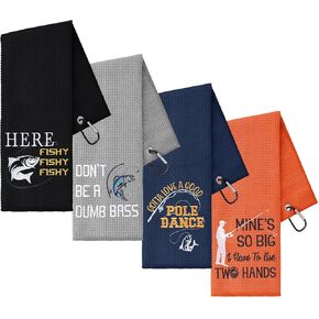 4 Pcs Microfiber Fishing Towels with Clip Waffle Pattern Bait Towels for Effective Cleaning of Fishing Gears or Dirty Hands 16''x24'' Funny Embroidered Towel for Fly Fishing Kayaking Hiking