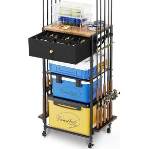 Fishing Rod Holders for Garage Holds Up To 10 Rods, 360 Degree Rotating Fishing Pole Holder, Tackle Storage Cart Fishing Gear and Equipment Organizers, Fishing Gifts for Men Women (Black)