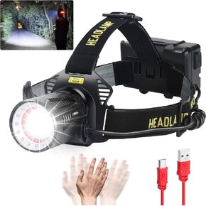 Aikertec Headlamp Rechargeable, 150000LM Super Bright Headlamp for Adults with Motion Sensors, 7 Modes, Zoomable, IP68 Waterproof Head Flashlight for Camping Hunting Fishing (Batteries Included)