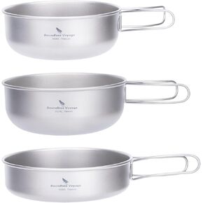 iBasingo 3-Piece Set Titanium Pot Set Camping Cooking Pan with Folding-Handle Outdoor Camp Cookware Pot Sets