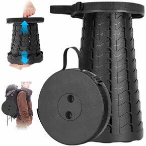 Collapsible Stool for Adults, 600 lbs Load Capacity Folding Stool with Adjustable Height & Carrying Strap - Retractable Portable Stool for Camping, Hiking, Fishing, Travel, BBQ (Black)