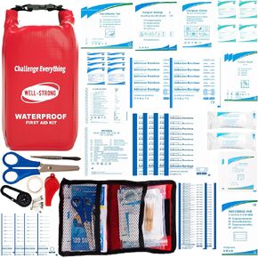210pcs Waterproof First Aid Kit Boat Safety Kit with Roll Top Design Marine Med Emergency Kit with Waterproof Contents for Fishing Kayaking Boating Swimming Camping Rafting Beach Red