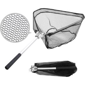 Fishing Landing Net with Telescoping Pole Handle, Foldable Extendable Fishing net Freshwater Rubber Coated Landing Net for Men Women, Extend to 22-39 Inches, Safe Fish Catching or Releasing
