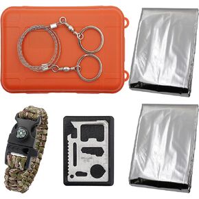 Wild Emergency Survival Kit - Airtight Survival Box,with Thermal Blankets, Survival Bracelet, Whistles, Compass,Steel Wire Saw,11 in 1 Card Multitool,for Camping,Outdoor Travel, Hiking Or First Aid.