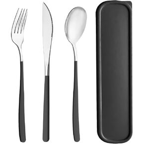 Travel Utensils with Case, 4pc Reusable Utensils Set with Case, Camping Utensil Set, Portable Silverware Lunch Utensils Set for Work Camping School (Black)